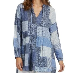 NWT PILCRO Blue Patchwork Button-Up Tie Neckline Ruffle Hem Size Small